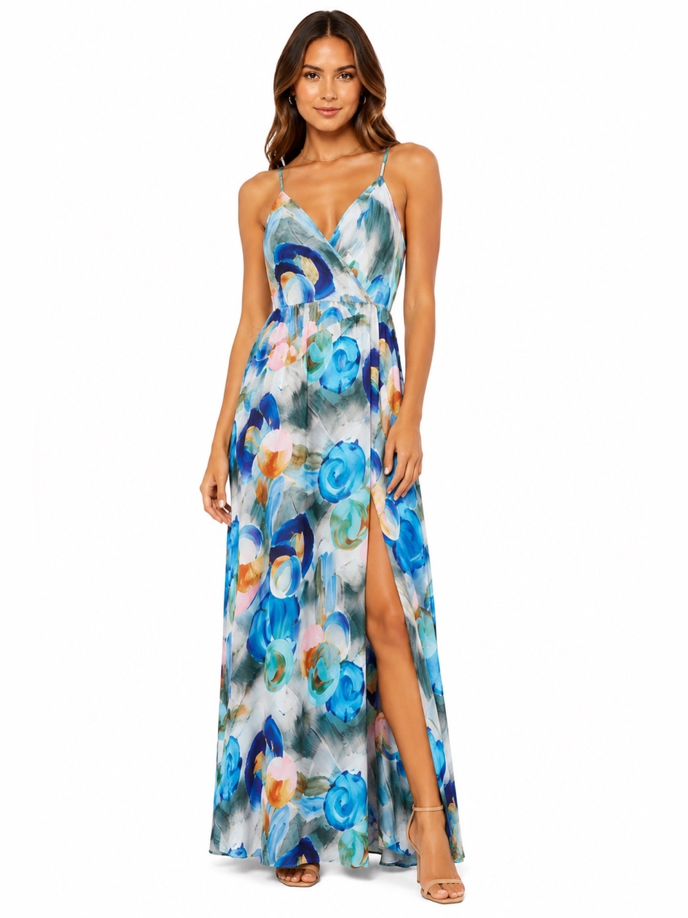 Deep V Neck Maxi Dress Size Large Flowy Tropical Print Summer Dress with Slit